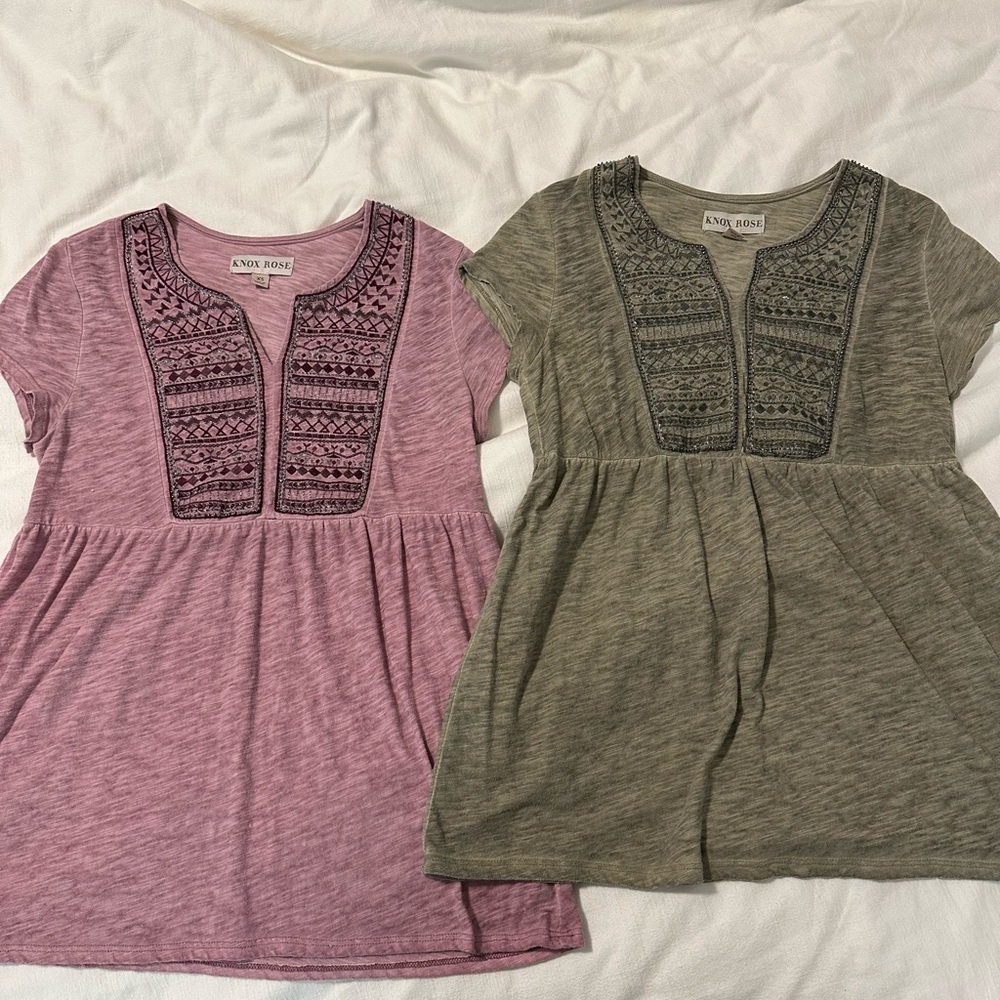Knox Rose Pink and Green Embroidered babydoll tops